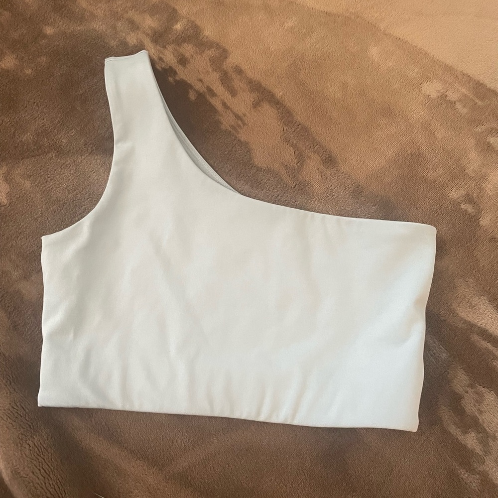 Girlfriend Collective White Asymmetrical Crop Sports Bra